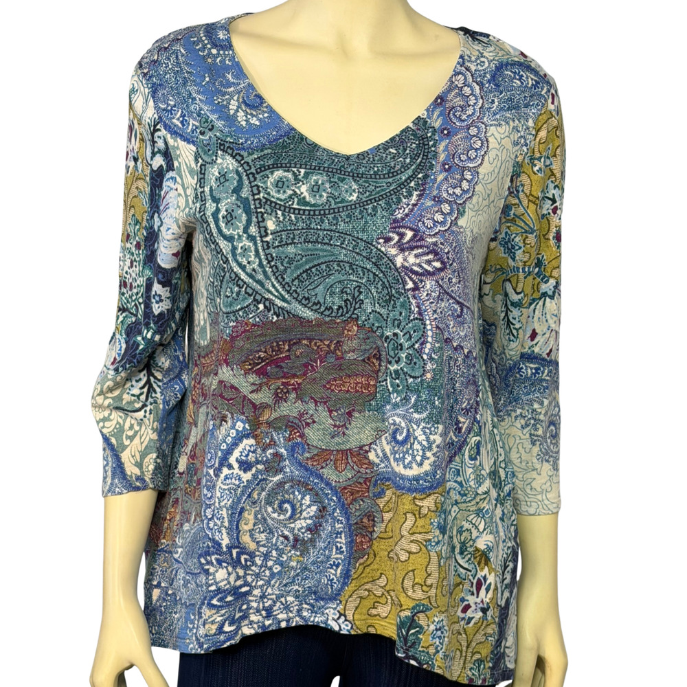 Chico's Sz 1 M V-Neck T-Shirt Knit Top 3/4 Sleeve Boho Paisley Print Blue New